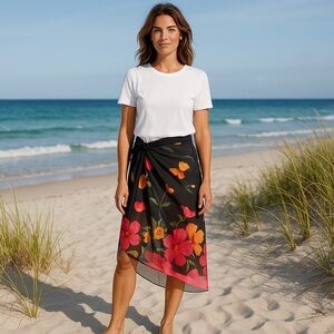 Elisabeth Stewart Swimwear Tropical Print Black Pink Orange and Red Sarong Wrap